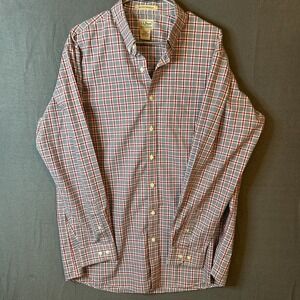 L.L.BEAN Men's Long Sleeve LT Tartan Plaid Red Black Wrinkle Resistant Button-Up